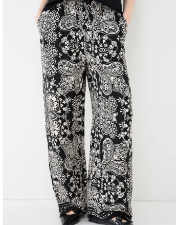 Pantaloni drepti cu model paisley Emza, Negru/Alb murdar