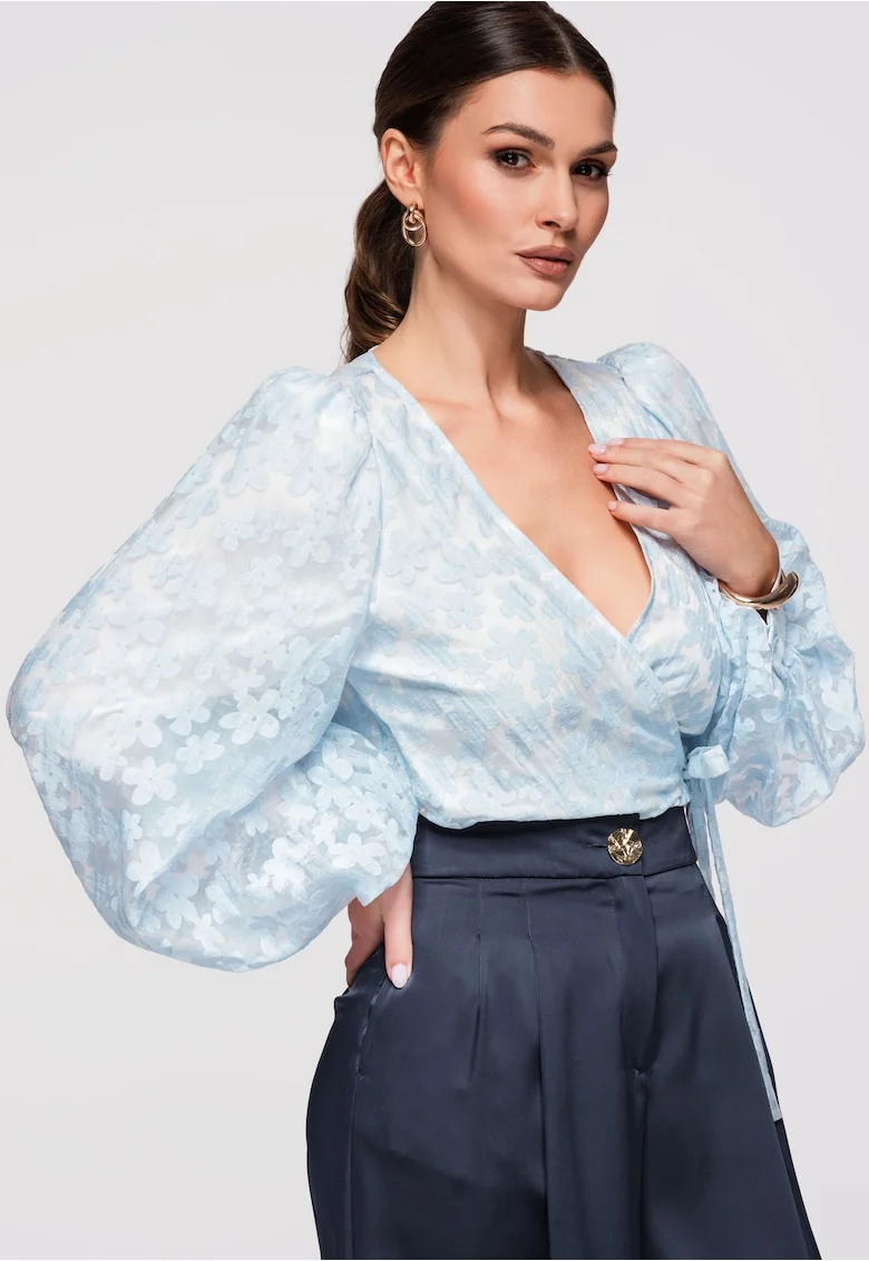 Bluza tip ie, cu maneci bufante, material semi-transparent si croiala cambrata, Albastru