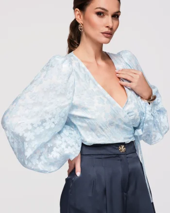 Bluza tip ie, cu maneci bufante, material semi-transparent si croiala cambrata, Albastru