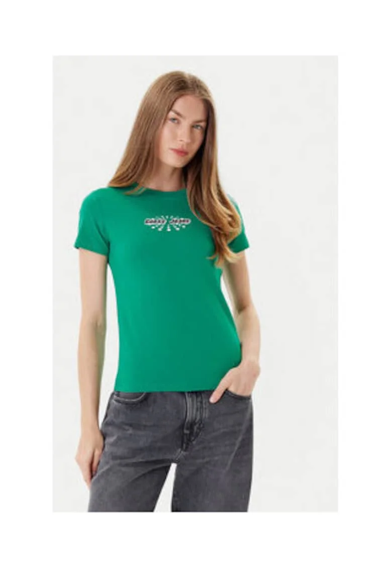 Tricou cu decolteu la baza gatului din amestec de bumbac organic si imprimeu