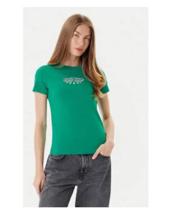 Tricou cu decolteu la baza gatului din amestec de bumbac organic si imprimeu