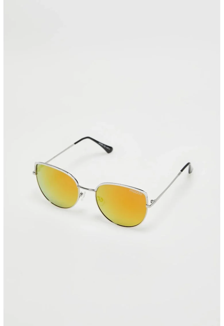 Ochelari de soare  cu rame metalice argintii, lentile galbene, cat-eye,