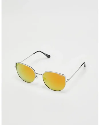 Ochelari de soare  cu rame metalice argintii, lentile galbene, cat-eye,