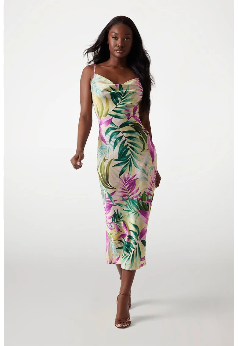 Rochie midi cu imprimeu cu frunze, Verde/Galben/Roz