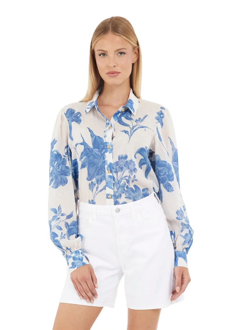 Camasa din amestec de in cu model floral, Albastru prafuit/Alb murdar