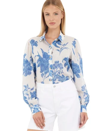 Camasa din amestec de in cu model floral, Albastru prafuit/Alb murdar