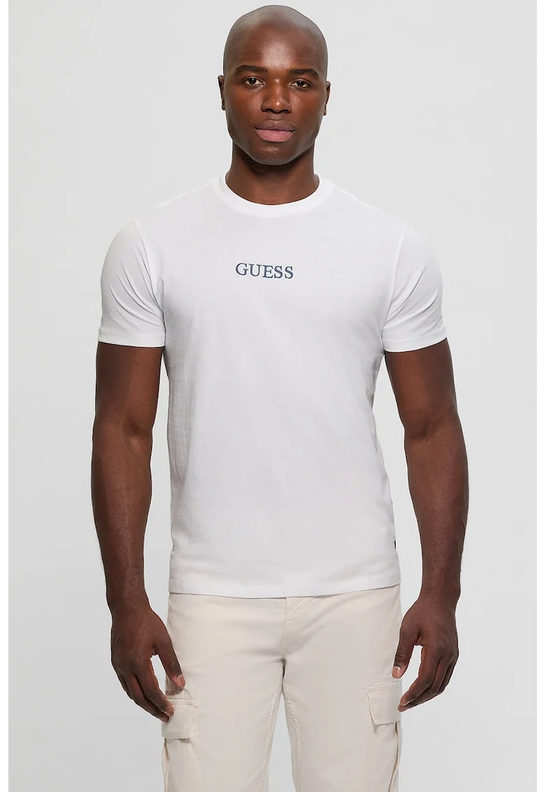 Tricou cu decolteu la baza gatului si imprimeu, Alb/Albastru