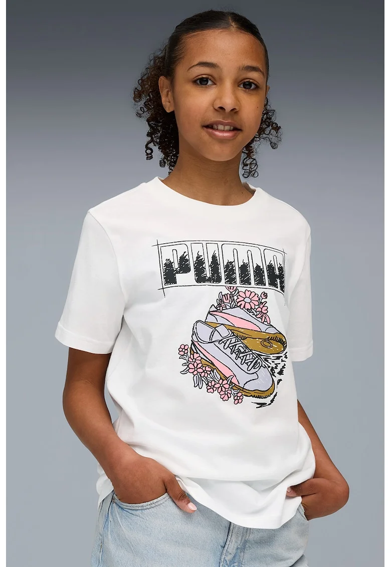 Tricou cu logo si imprimeu grafic, Alb/Gri deschis/Roz