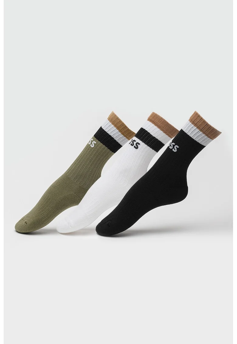 Set de sosete din amestec de bumbac cu model logo - 3 perechi, Negru/Kaki/Maro nisip