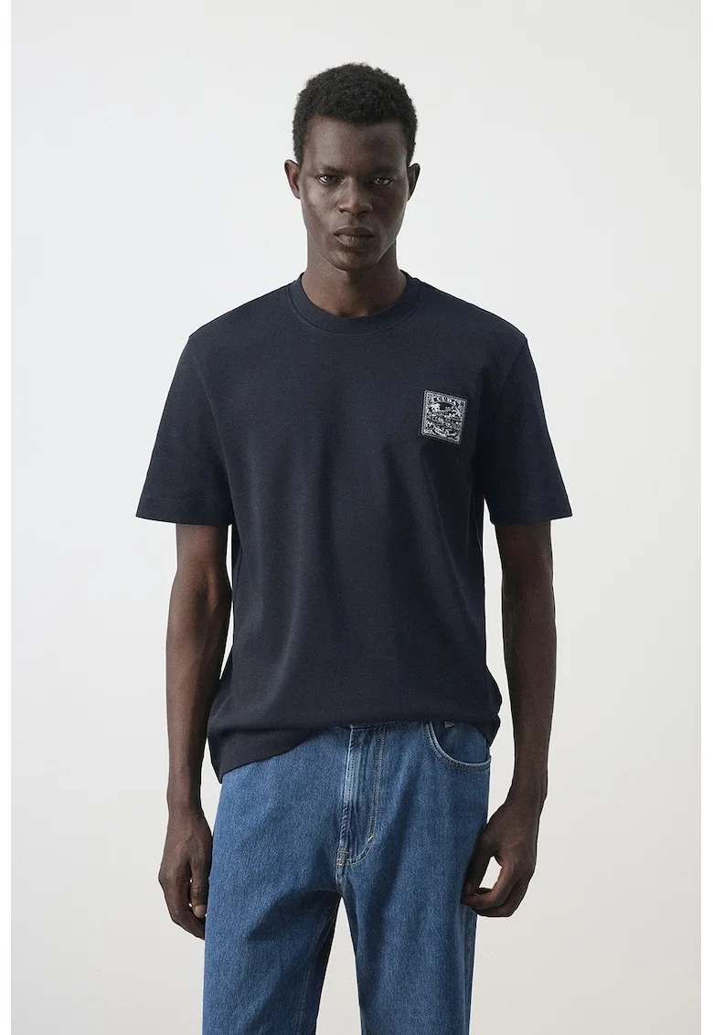 Tricou de bumbac cu decolteu la baza gatului, Albastru ultramarin