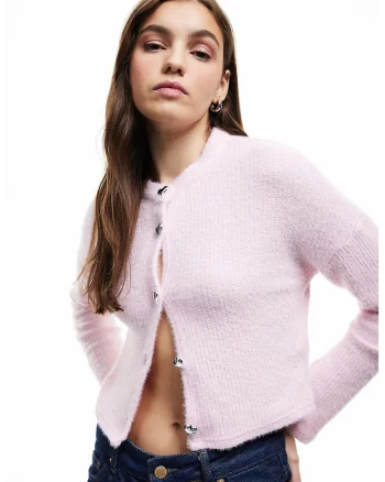 Cardigan cu nasturi in forma de inima, Roz pal