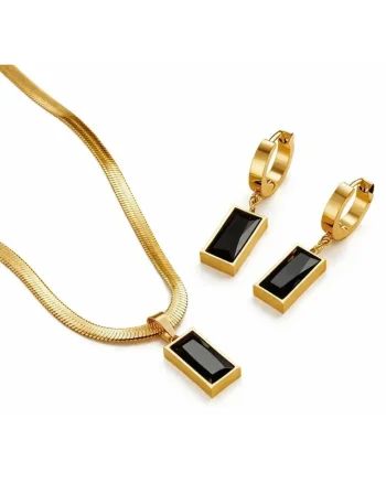 Set colier și cercei,  auriu, pietre negre, inox, 39x5cm, 3cm