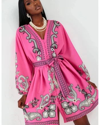 Rochie Mini,  Imprimeu, Roz, Poliester cu Lycra