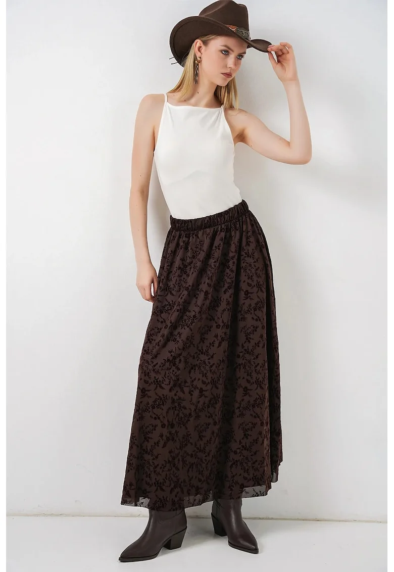 Fusta Maxi  Talie Inalta, Culoare Maro, Poliester