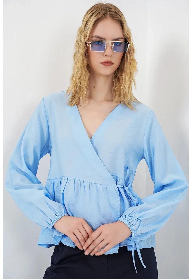 Bluza  casual, decolteu in V, detalii cu snur, albastru, crep