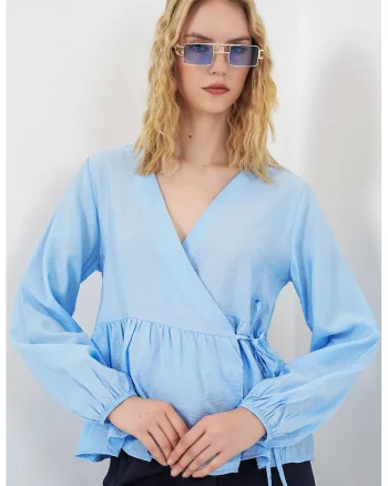 Bluza  casual, decolteu in V, detalii cu snur, albastru, crep