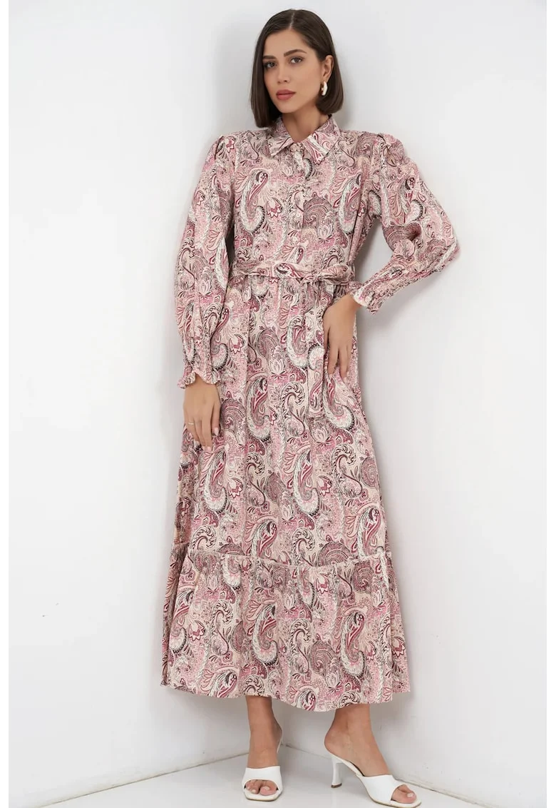 Rochie camasa midi  imprimeu paisley, roz, viscoza, cu cordon