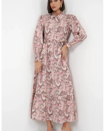 Rochie camasa midi  imprimeu paisley, roz, viscoza, cu cordon