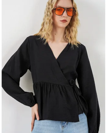 Bluza dama,  Bluza cu decolteu in V, detalii cu snur, negru, crep