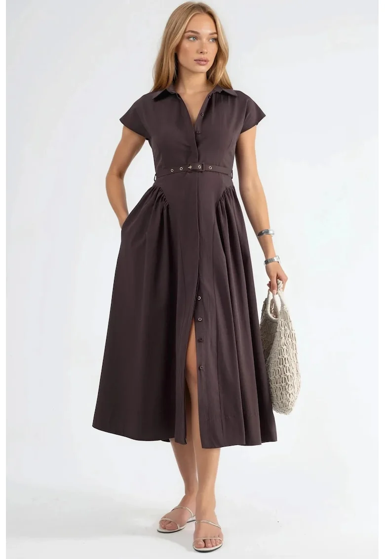 Rochie midi  cu cordon, guler, Maro