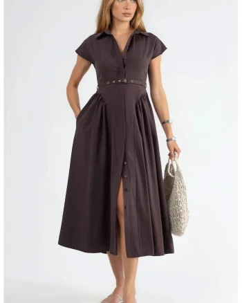 Rochie midi  cu cordon, guler, Maro