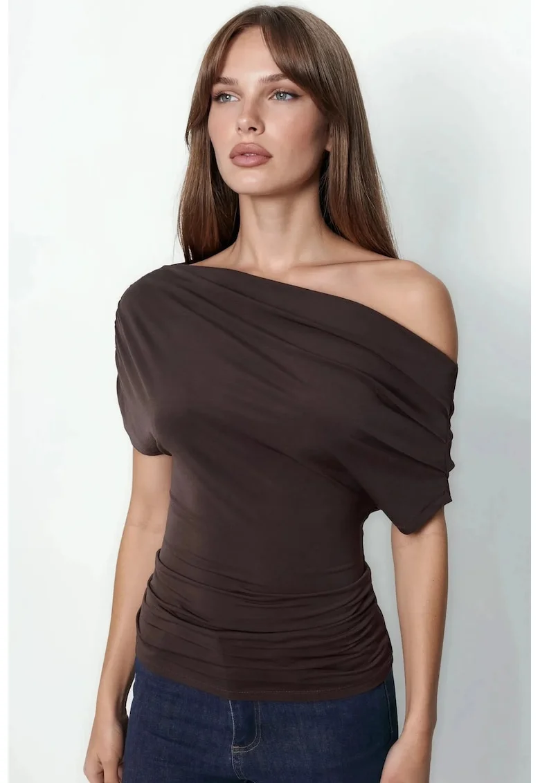 Bluza dama,  bluza cu maneca scurta, elegant, maro castaniu, poliester-elastan