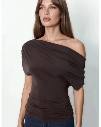 Bluza dama,  bluza cu maneca scurta, elegant, maro castaniu, poliester-elastan