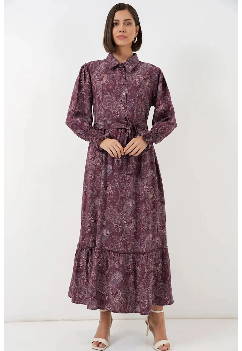Rochie camasa  imprimeu paisley, rosu, viscoza si nailon