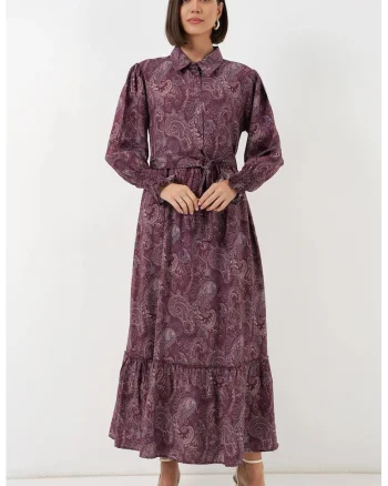 Rochie camasa  imprimeu paisley, rosu, viscoza si nailon