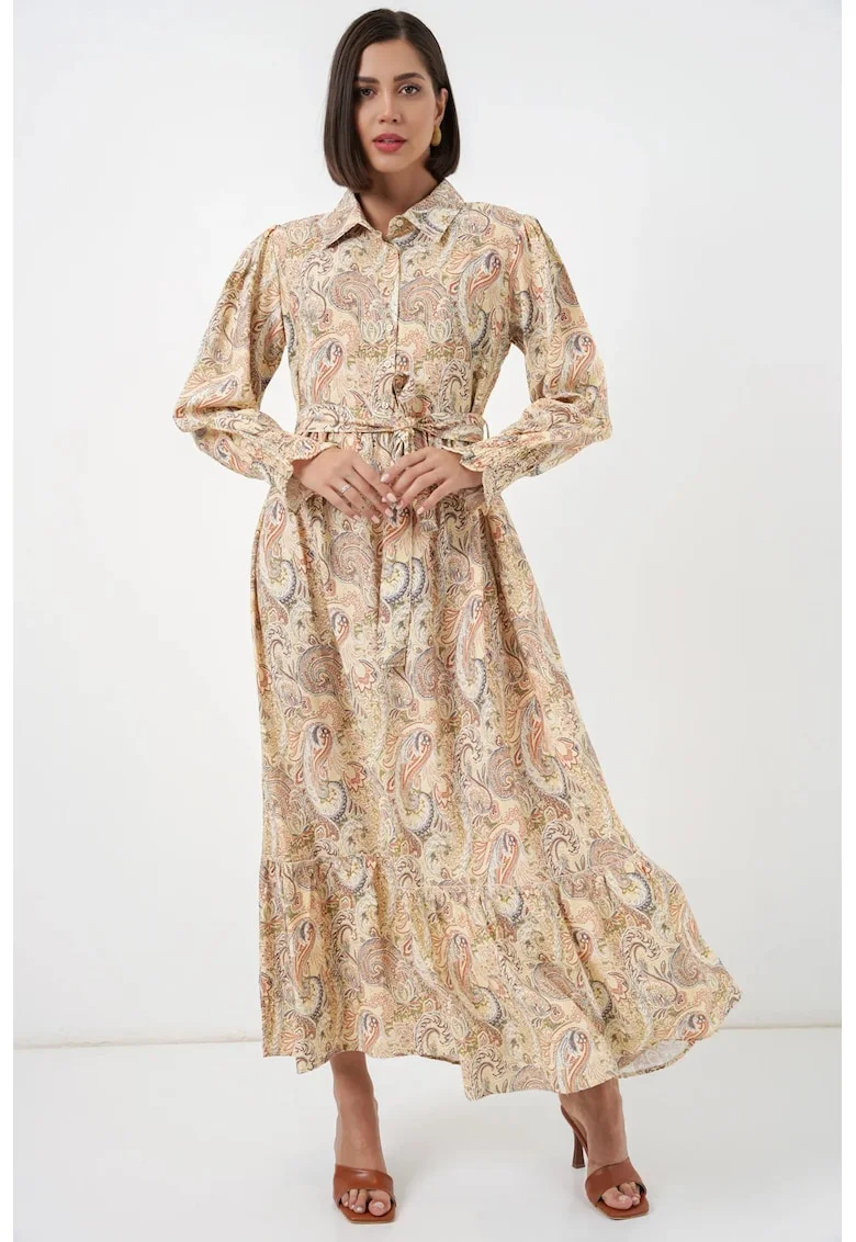 Rochie camasa  imprimeu paisley, galben chihlimbar, viscoza