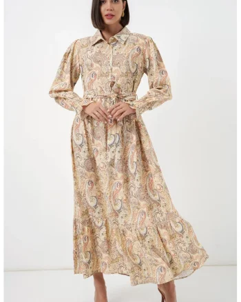 Rochie camasa  imprimeu paisley, galben chihlimbar, viscoza