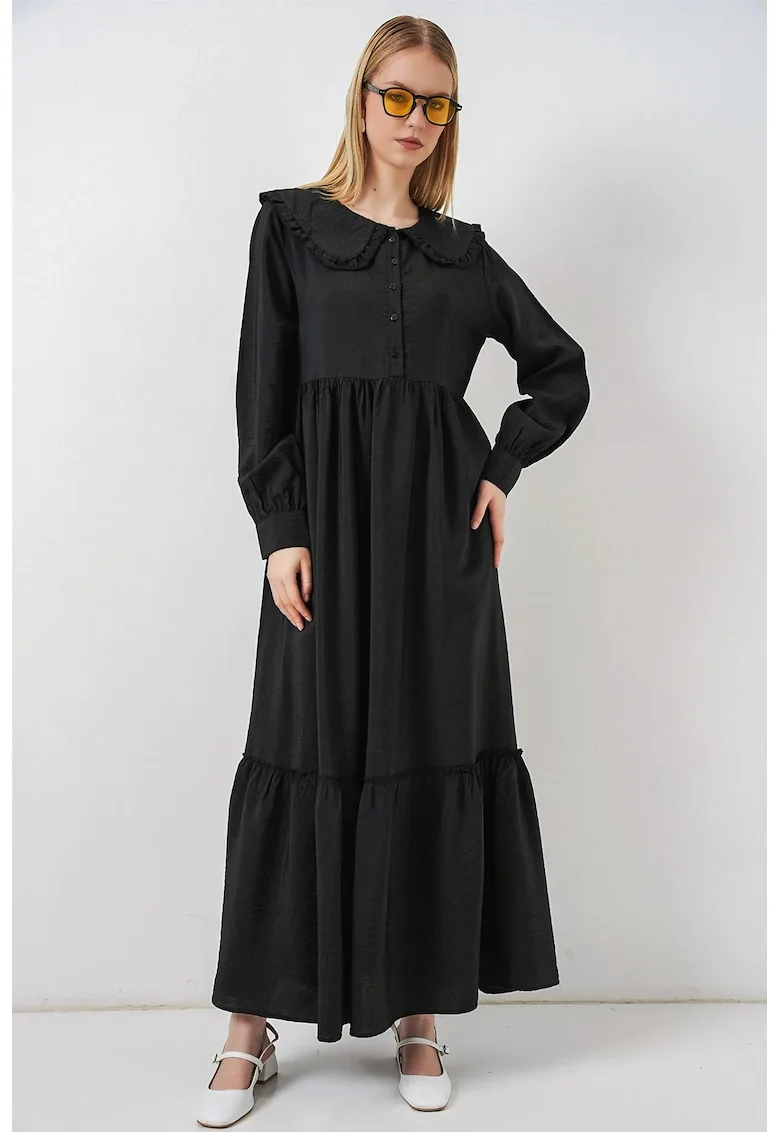 Rochie Maxi  casual, neagra, cu guler tip bebelus, maneca lunga, 84% viscoza, 16% nailon