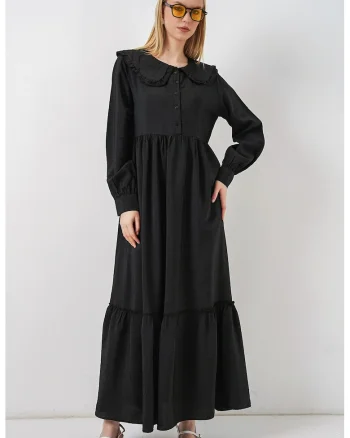 Rochie Maxi  casual, neagra, cu guler tip bebelus, maneca lunga, 84% viscoza, 16% nailon