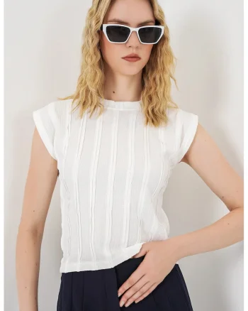 Bluza  casual, regular fit, alb, poliester-elastan, texturata