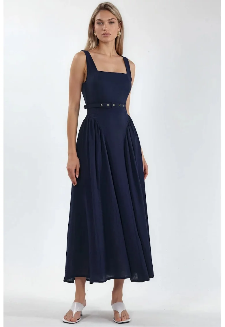 Rochie Midi  Albastru Marin, Poliester, Fara Maneci, Decolteu Patrat