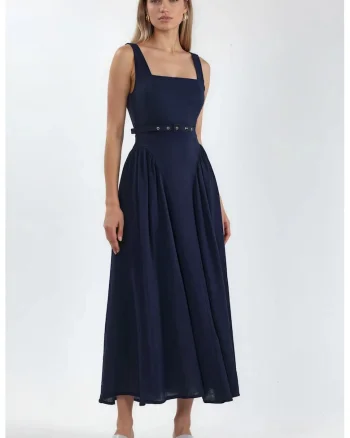 Rochie Midi  Albastru Marin, Poliester, Fara Maneci, Decolteu Patrat