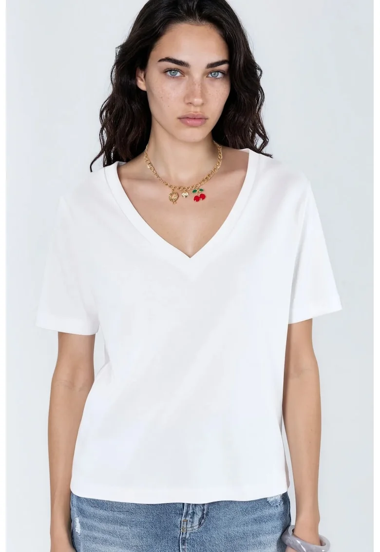 Tricou  regular fit, decolteu in V, alb, bumbac