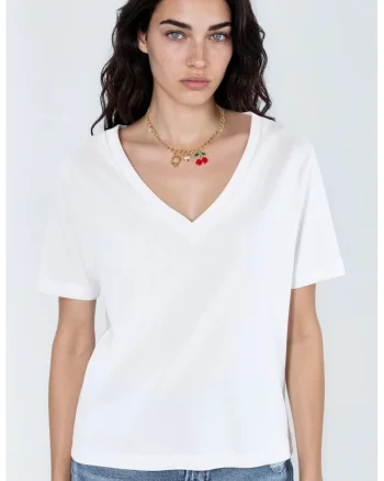 Tricou  regular fit, decolteu in V, alb, bumbac