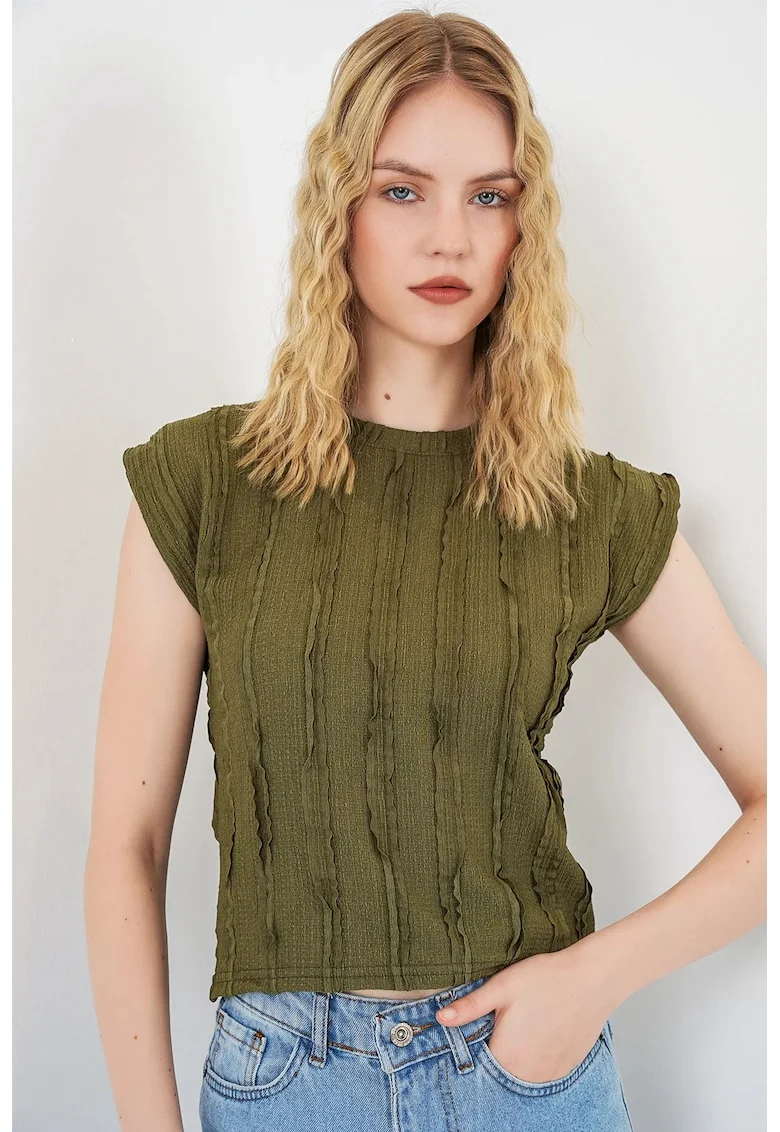 Bluza  casual, fara maneci, kaki, poliester cu elastan, texturata