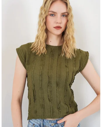 Bluza  casual, fara maneci, kaki, poliester cu elastan, texturata