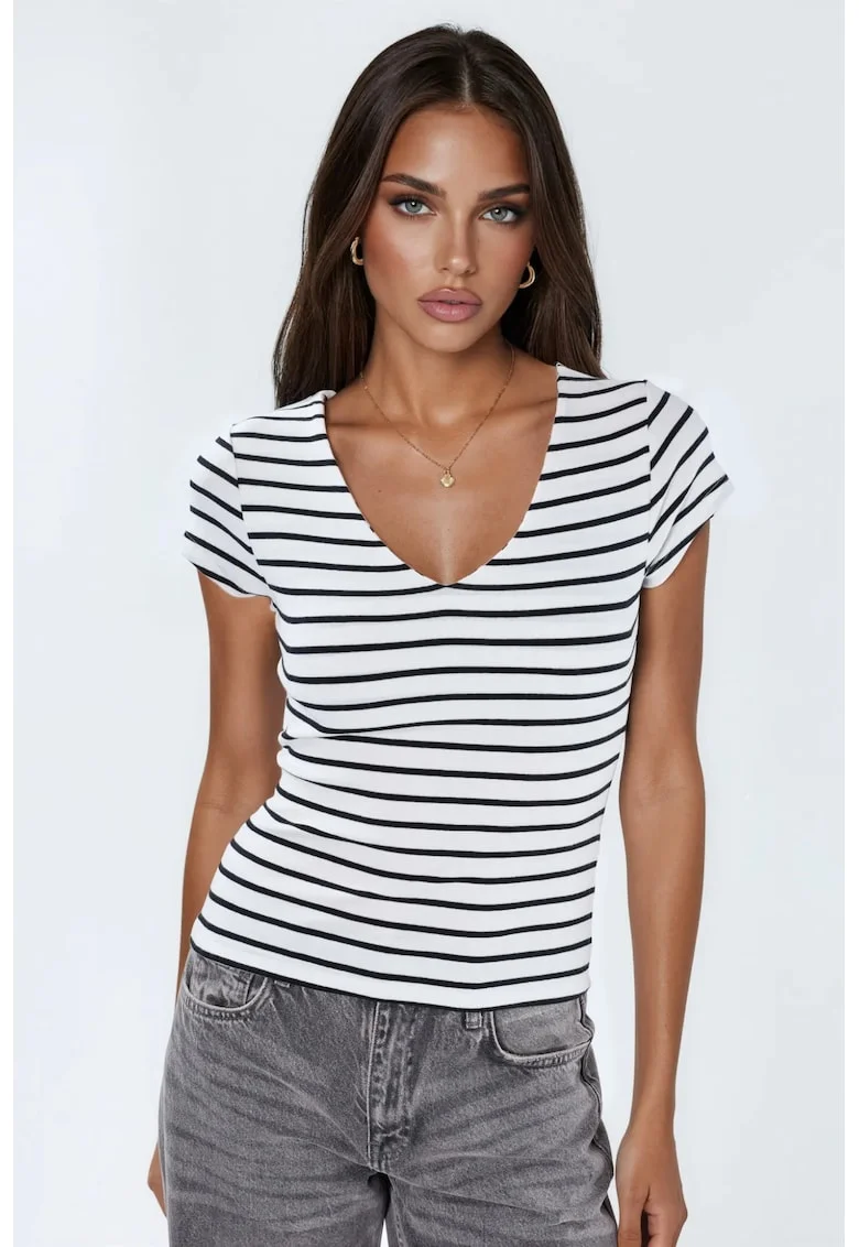 Tricou dama,  casual, dungi, alb, amestec de bumbac