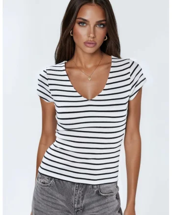 Tricou dama,  casual, dungi, alb, amestec de bumbac