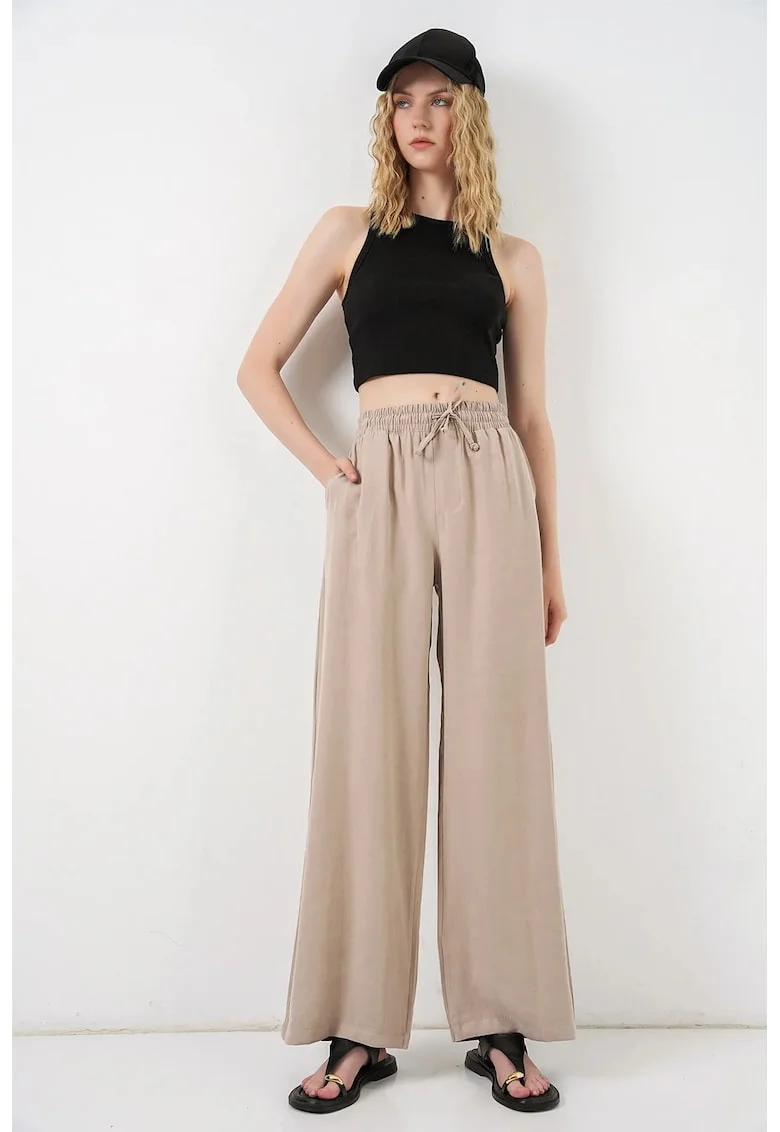 Pantaloni dama,  talie inalta, picior larg, bej natural, 85% modal, 15% poliester