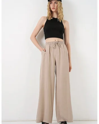 Pantaloni dama,  talie inalta, picior larg, bej natural, 85% modal, 15% poliester