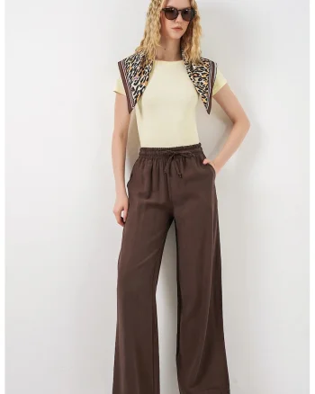 Pantaloni dama,  talie inalta, croiala larga, maro mocha, 85% modal, 15% poliester