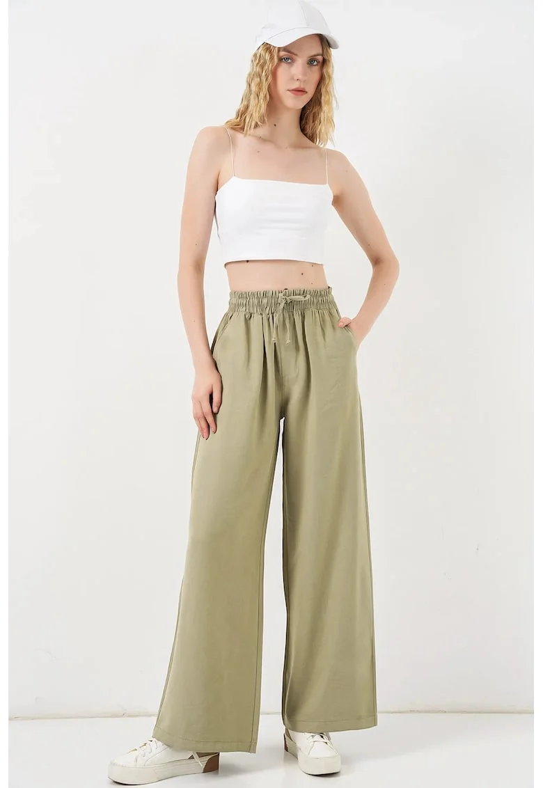 Pantaloni dama,  talie inalta, croiala larga, verde pin, 85% modal, 15% poliester