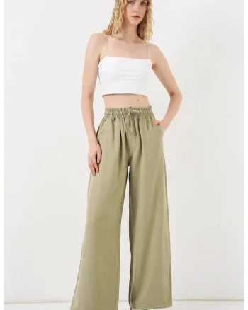 Pantaloni dama,  talie inalta, croiala larga, verde pin, 85% modal, 15% poliester