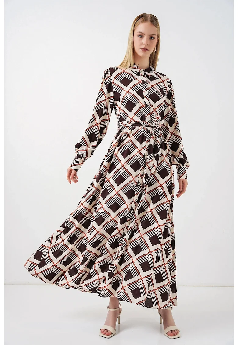 Rochie camasa midi,  carouri, maro, 100% viscoza