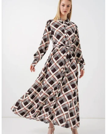 Rochie camasa midi,  carouri, maro, 100% viscoza