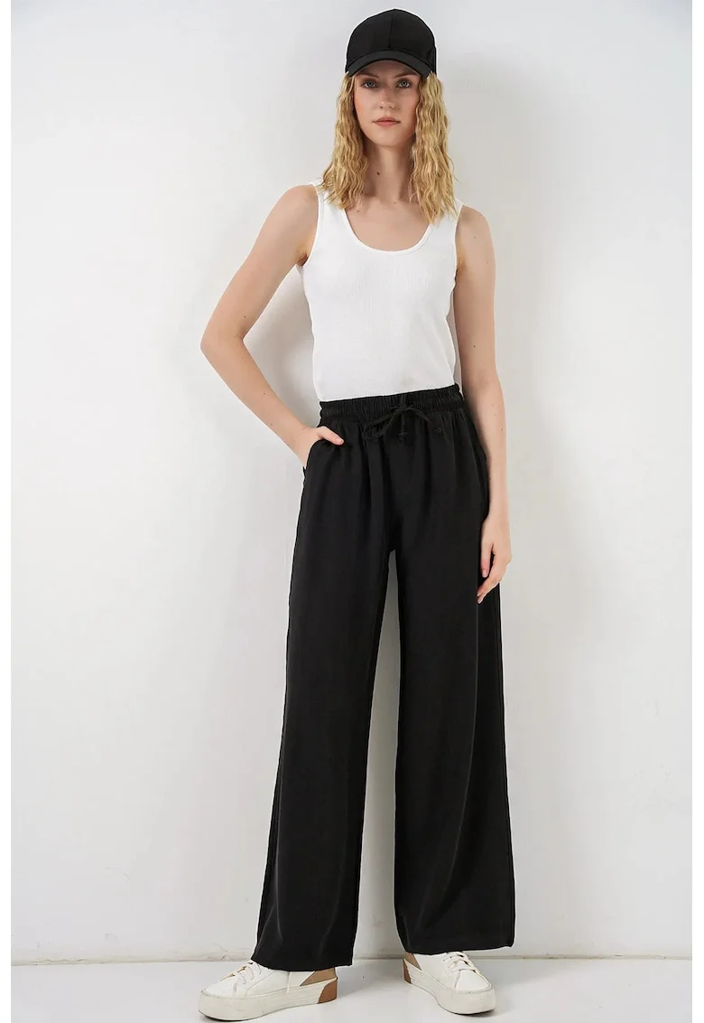 Pantaloni dama,  talie inalta, picior larg, negru, 85% modal, 15% poliester